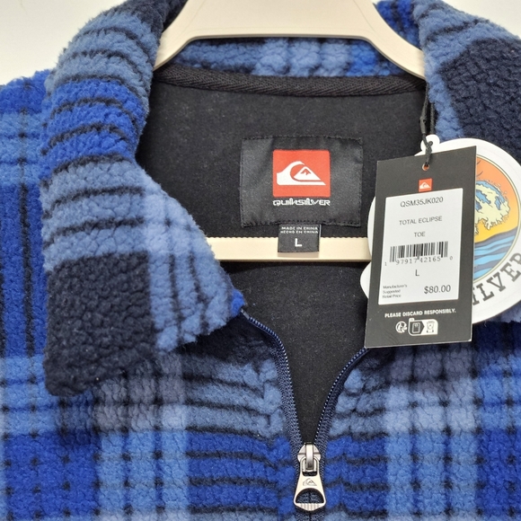 Quicksilver NWT Mens Deck Plaid Fleece Zip Jacket Cozy Preppy Outdoor Blue L - Picture 3 of 9